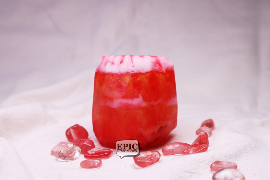 Layered gemstone soap colours in a workshop setup