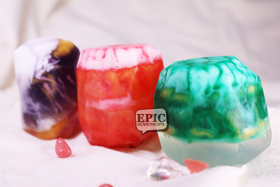 Gemstone soap making workshop creations with layered colours